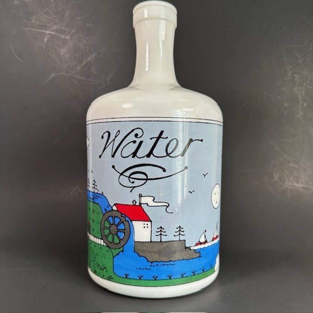Lillian Vernon Milk Glass Water Jug 1980s Painted Lake Mountains Sailboats VTG